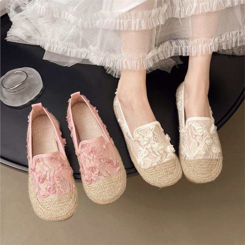 Fashion 2025 Spring New Breathable Lace Linen Woven Bohemian Fisherman Loafers for Women Flat Soled Anti Slip Fashionable Outdoor Shoes