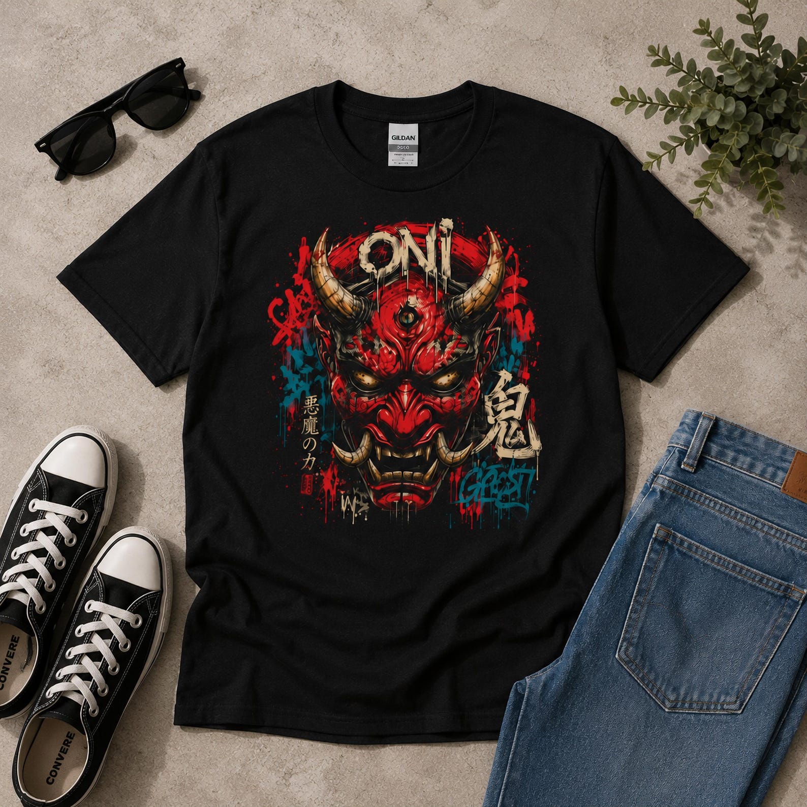 Japanese Oni Mask T-Shirt: Samurai Demon Tee | Streetwear Graphic Shirt | Yokai Gothic Anime Unisex Tee | Japanese Mythology Fans Gift L