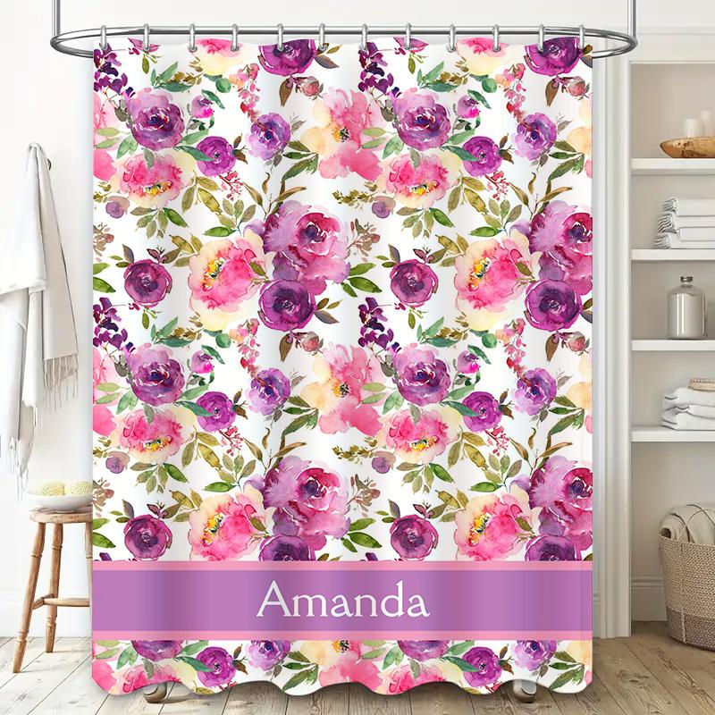Custom Bath Mat Personalized with Name Beautiful Floral Design for Home Decor, Custom Shower Curtain Personalized