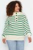 Women's Fashion Stylish Plus Size Sweater Green-Multicolor Striped Knitwear Sweater
