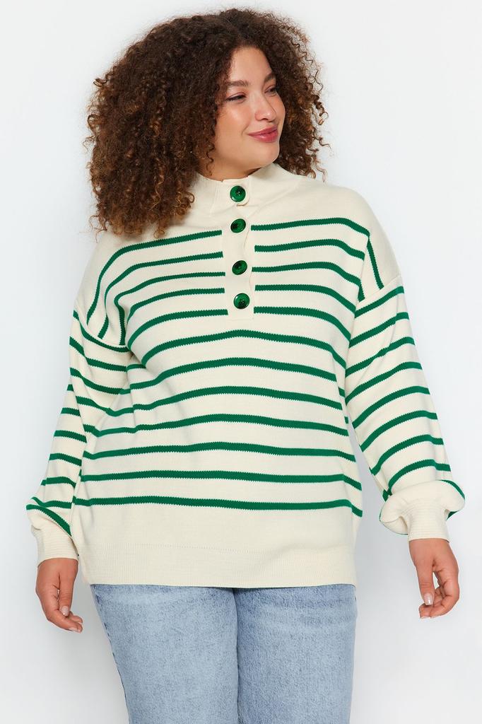 Women's Fashion Stylish Plus Size Sweater Green-Multicolor Striped Knitwear Sweater