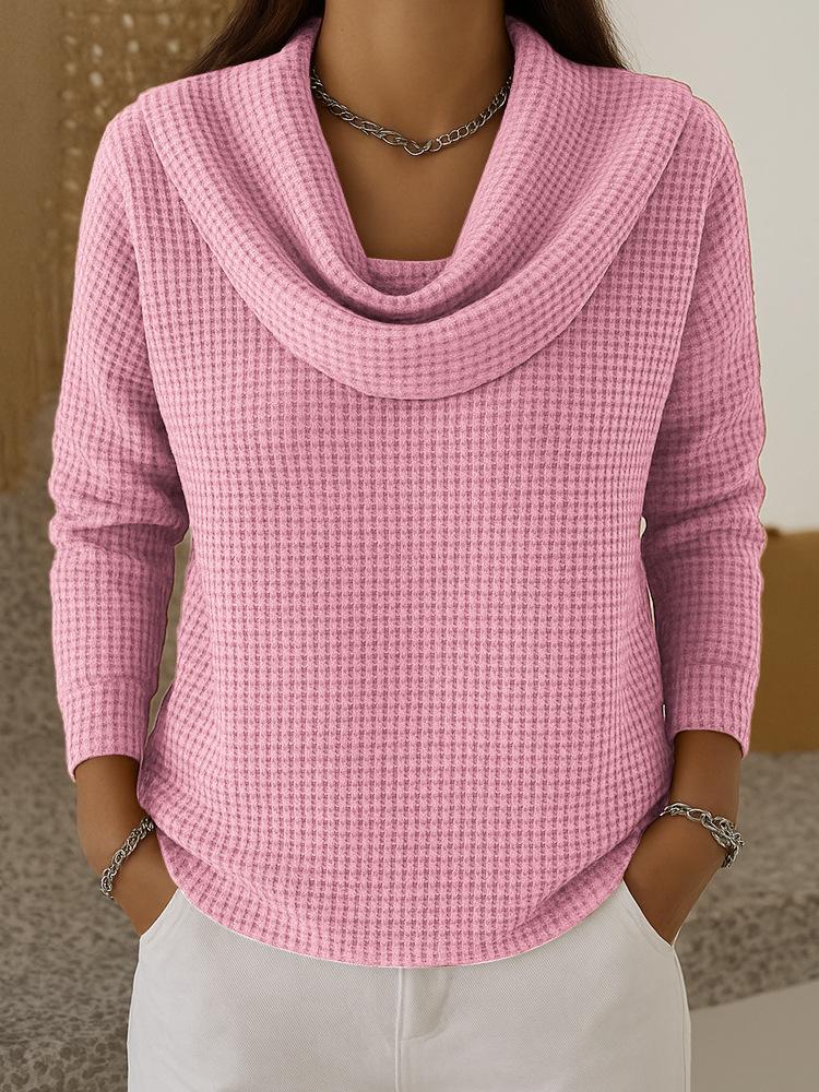 Women's Cross-Border Casual Solid Waffle Knit Long Sleeve Pullover for Spring and Autumn