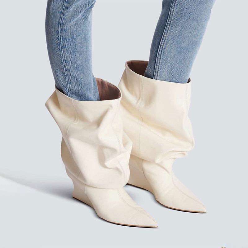 European And American Women's Fashion Sexy Ankle Boots Ladies High Quality Pointed Toe Sloping Heel Stacking Boots