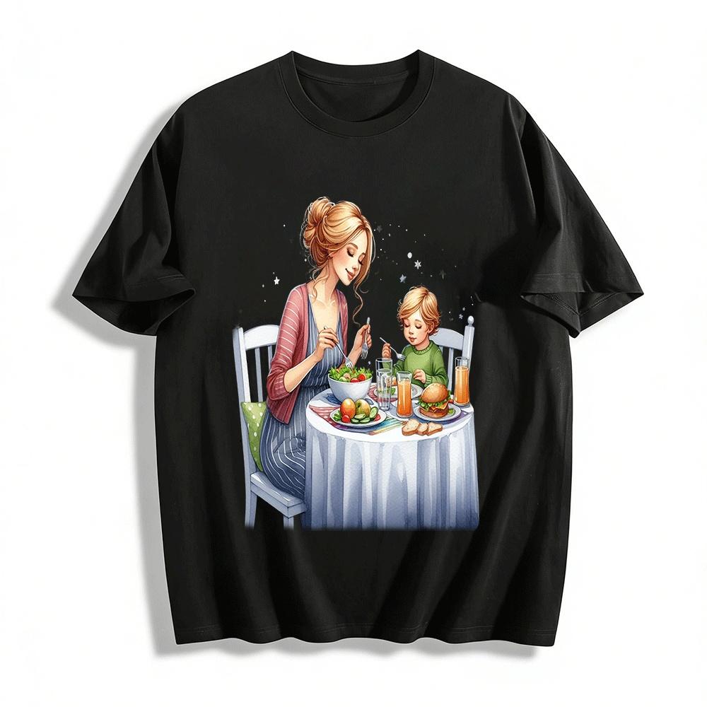 Warm Parent-child Meal Time Print Casual Top For Adults & Kids Pure cotton T-shirt XXS