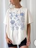 Blue Printed Marine Life Pattern Short-sleeved T-shirt Casual and Versatile Style Suitable for Women's Daily and Outing Wear