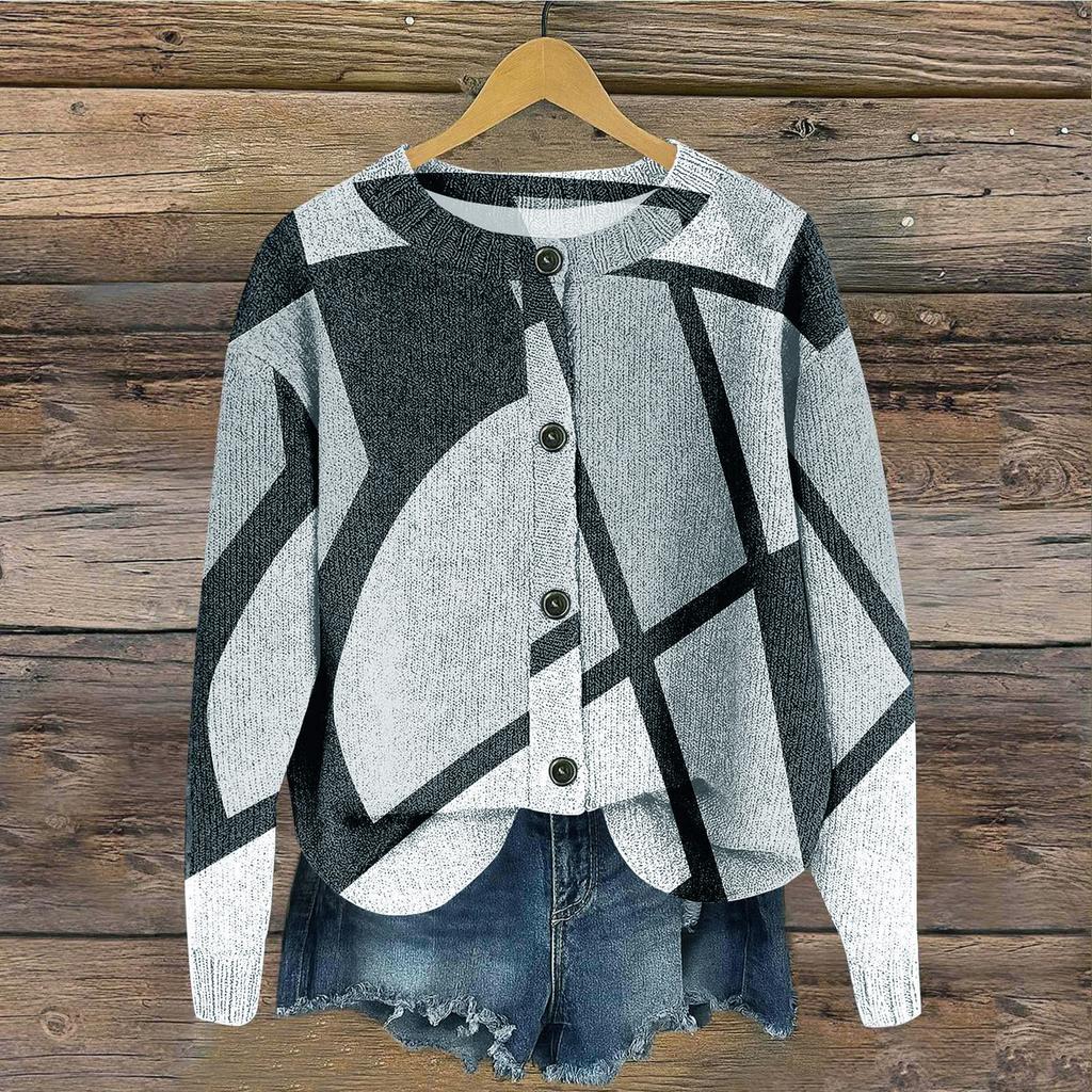Women's Vintage Knit Button Retro Geometric Print Cardigan Jacket