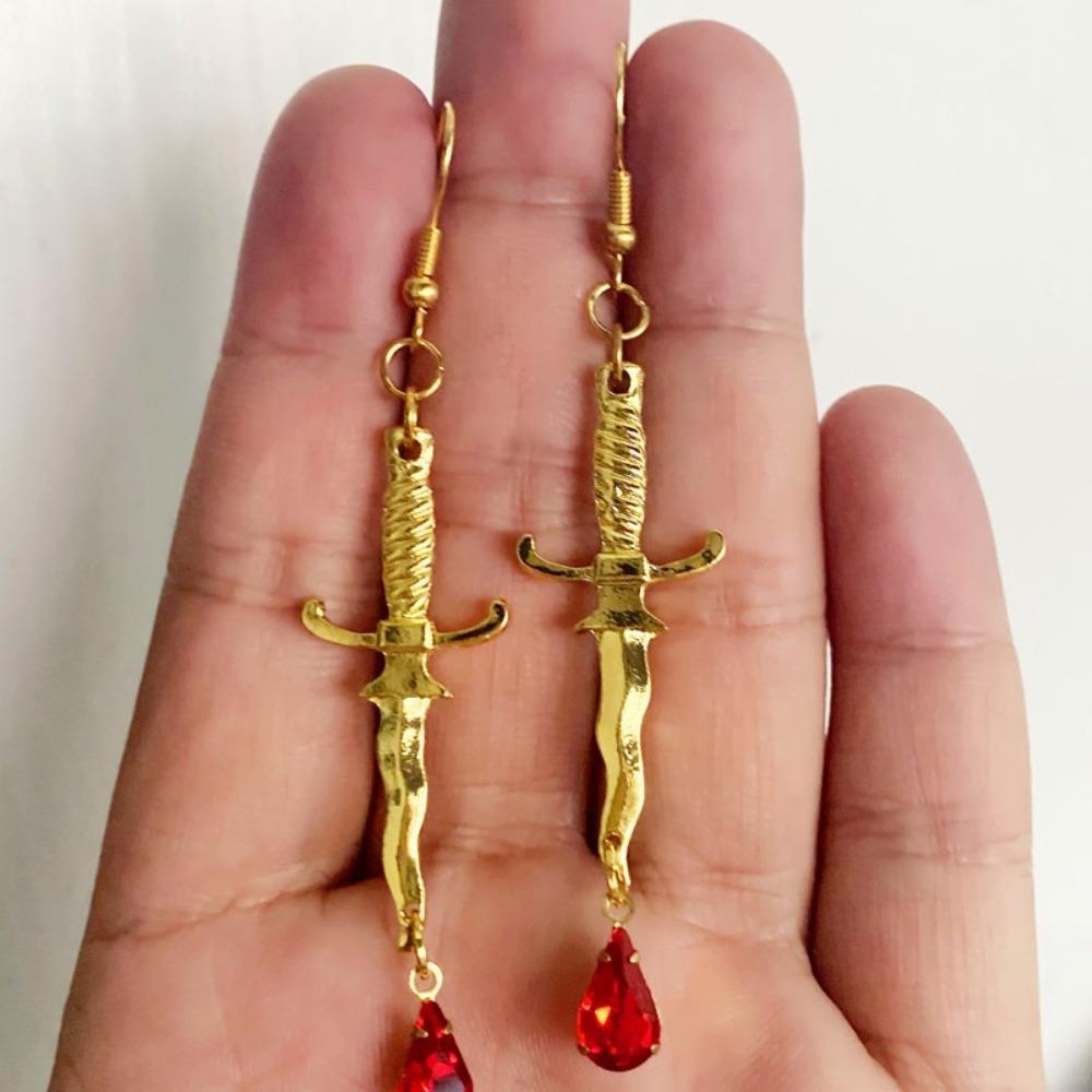 Personality Goth Sliver Color Knife Blood Sword Red Blood Drops Crystal Dangle Earrings for Women Men Hallowmas Jewelry Gifts
