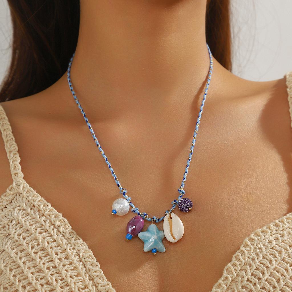 1pc Blue Bohemian Starfish Necklace - Woven Color Rope Chain with Shell/Starfish/Ceramic Pendants, Adjustable 80cm Length, Ideal