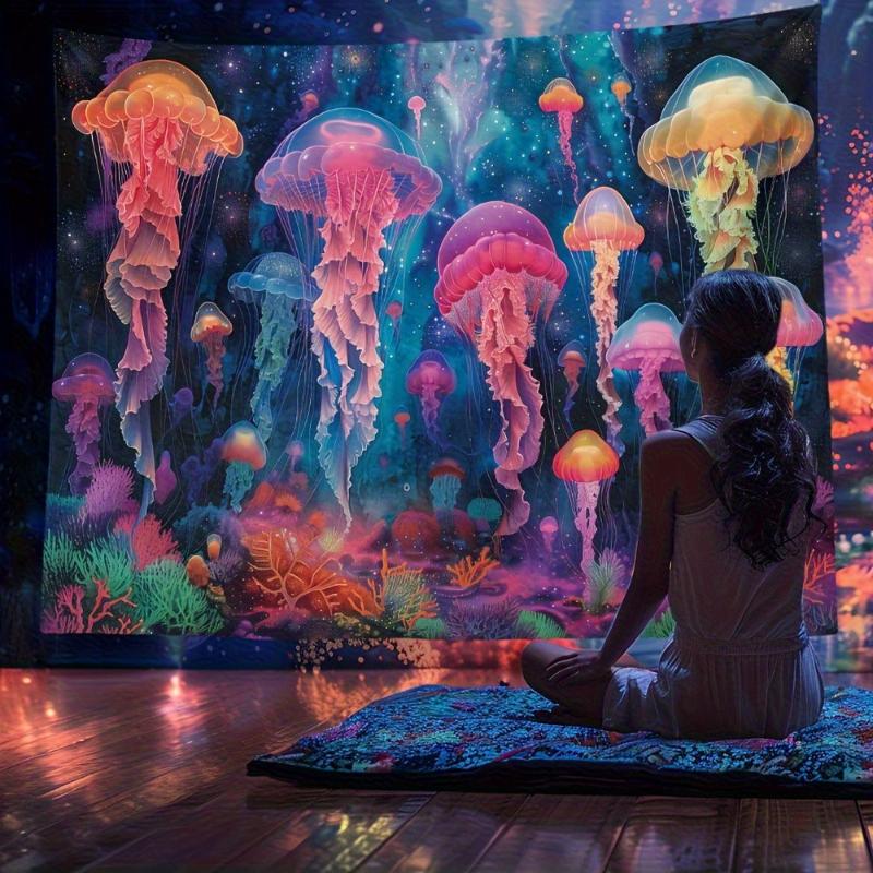 Neon Jellyfish Tapestry Ocean Fantasy Aesthetics Wall Hanging Bedroom Living Room Dormitory Home Decoration