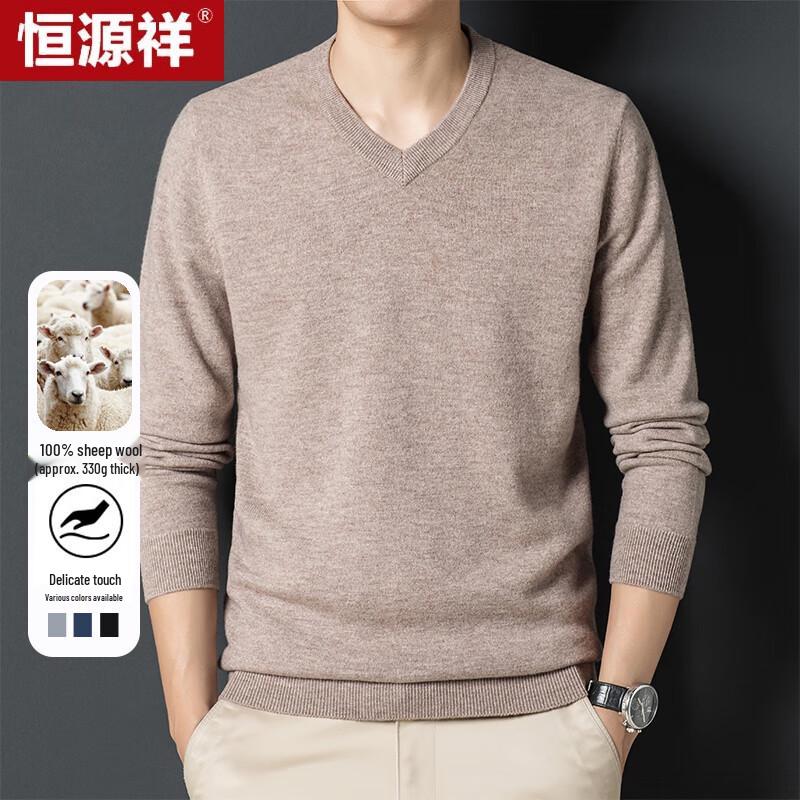 Hengyuanxiang Men's Thick Pure Wool V-Neck Pullover Sweater