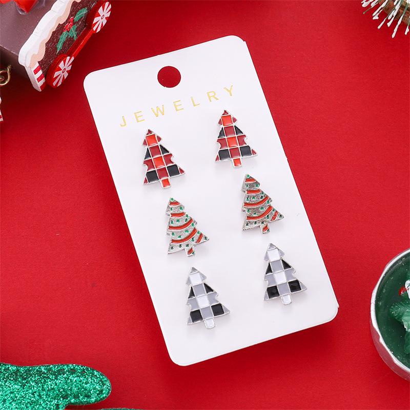 Europäischer und Amerikanischer Cartoon Weihnachtsbaum Karomuster Stecker Ohrring Set - Niedliche und Kreative Legierungs-Ohrringe