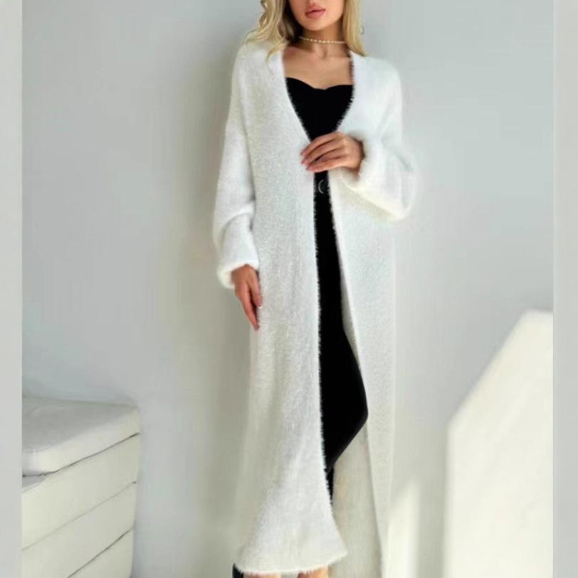 

Очень длинный белый кардиган из искусственного норкового кашемира выше колена для женщин - Свободный, толстый свитер на осень/зиму White (120CM length)