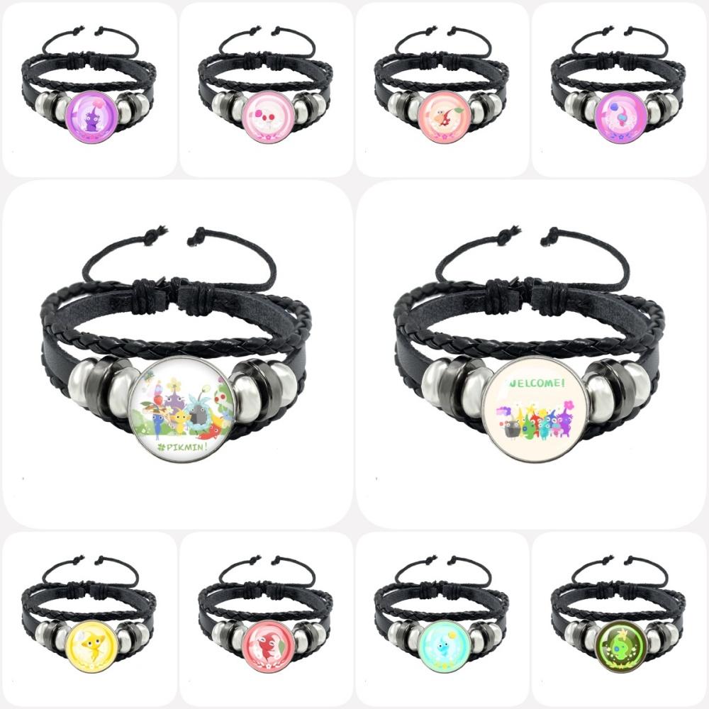 Creative Game Pikmin Cartoon Button Rope Button Glass Cabochon Handmade Black Leather Bracelet Jewelry Charm Gift
