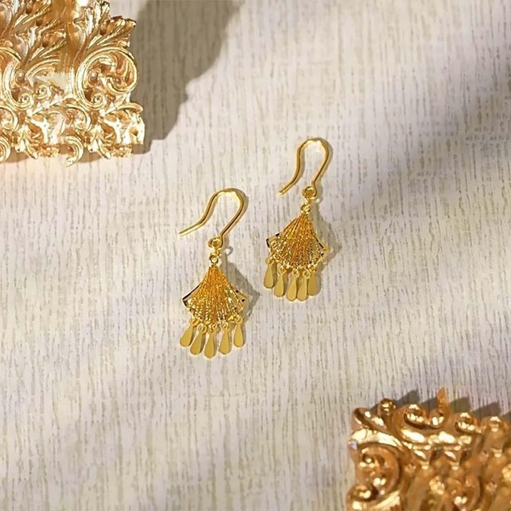 1 pair Temperament Fan Shaped Tassel Earrings Zinc Zinc Alloy Peacock Earrings Thai Golden Eardrops  Women