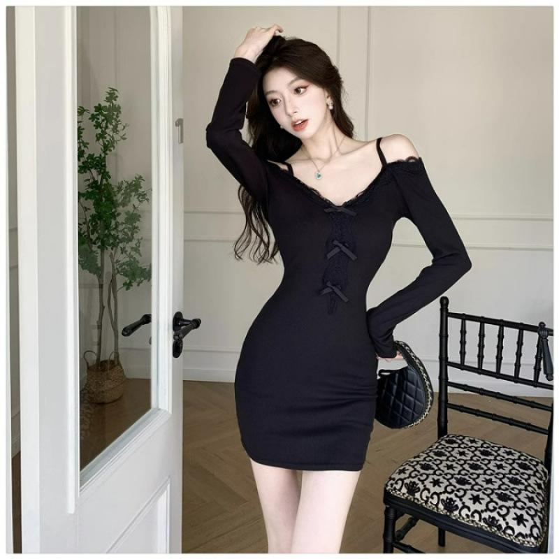 Pure desire style black lace lace dress women s clothing autumn sexy waist bow hip skirt S