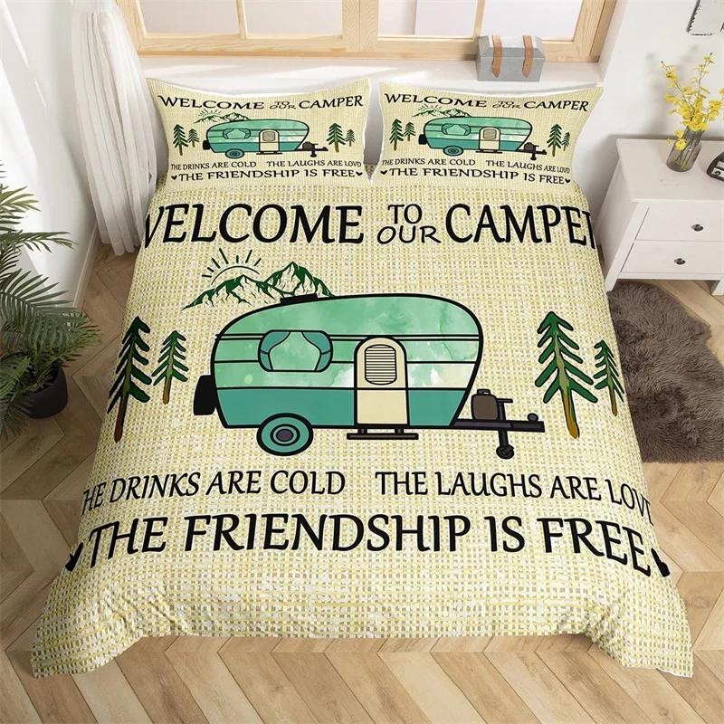 Camper Bedding Set Vintage Cabin Twin Full King Duvet Cover Cartoon Camp Travel Car Quilt Cover Farmhouse Style Comforter Cover