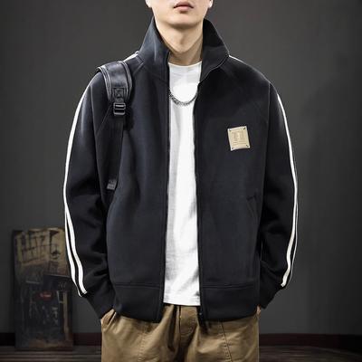 Automne Gilet Lourd Pull Col Montant Homme Veste Américaine Décontractée Ample Rayée Veste de Sport Tendance