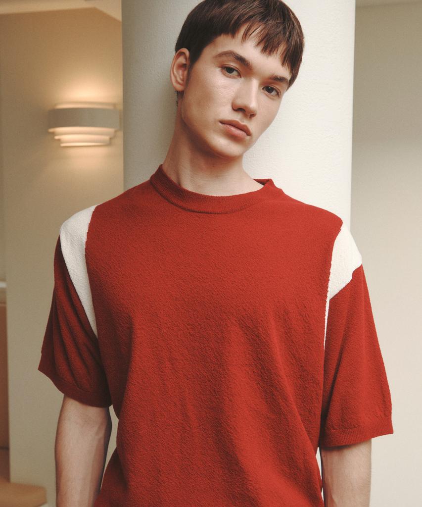 KNITTED Summer Varsity Short Sleeve Knit Tee Red