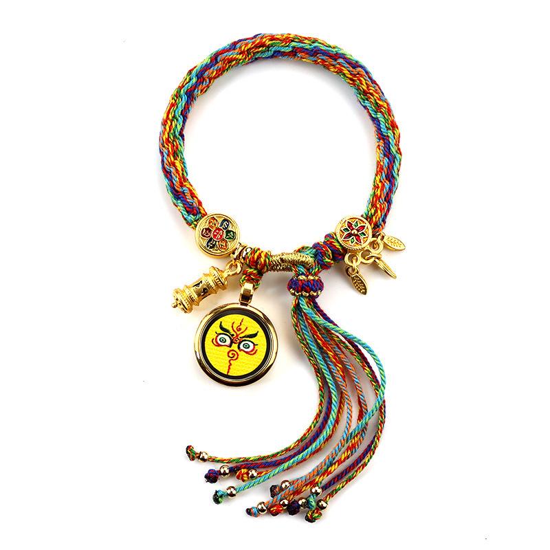 Woven Zhakiram Five Wealth Gods Eye Bracelet with Green Tara and Manjushri Thangka Design