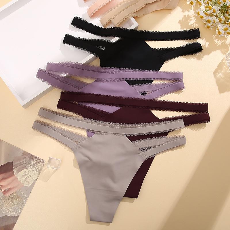 FINETOO 3Pcs/Set Women Thongs V Waist G-String Solid Color Striped Panties Female T-Back Underwear Intimate Lingerie