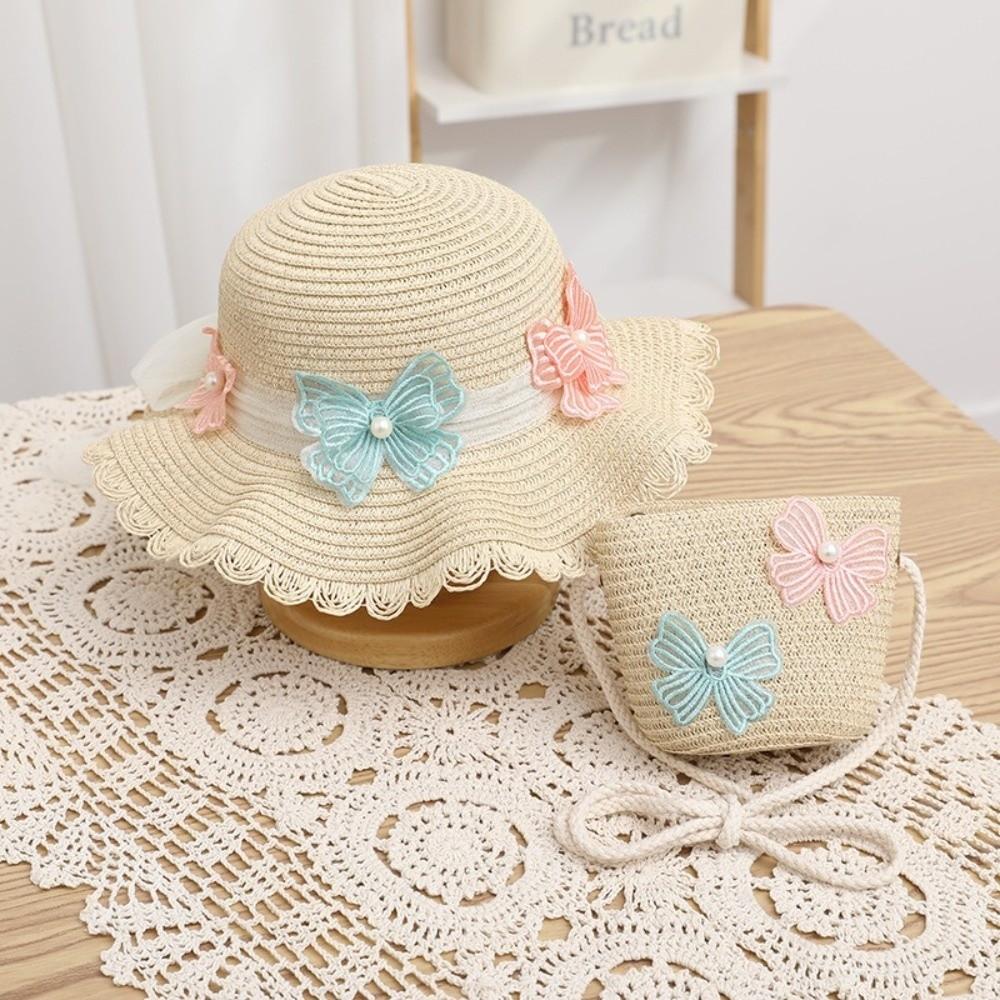 Wide Brim Straw Bag Cap Set Pearl Bow Style Sun Hat Sunscreen Sunshade Hat  for 2-8 Years Kids