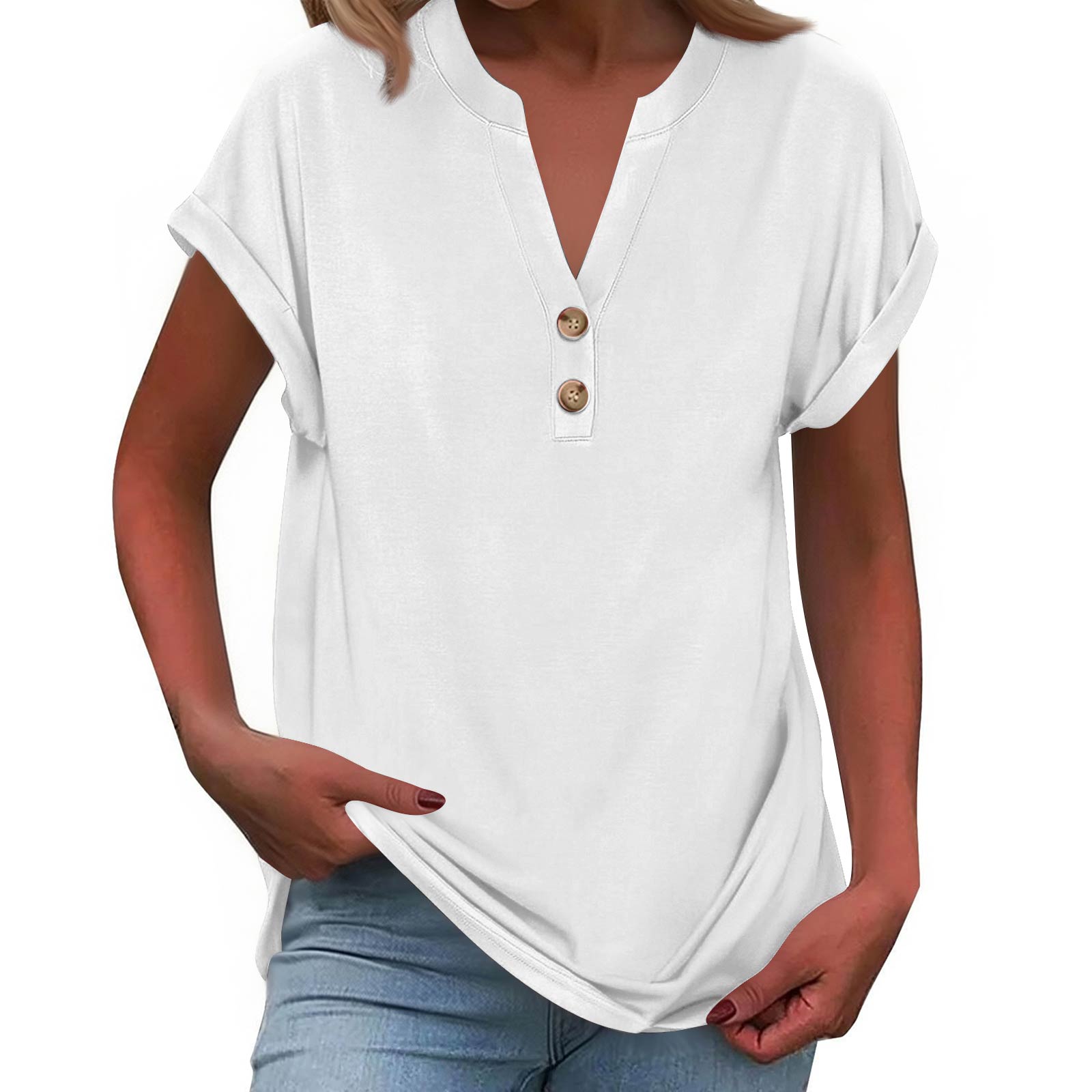 

Women s Fashionable Casual Loose-Fit Short-Sleeved Button-Up V-Neck -Colour T-Shirt Top XL