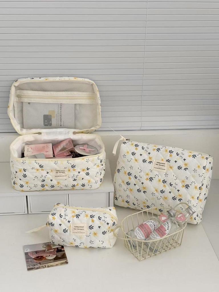 Cross-Border Floral Yellow Corduroy Makeup Bag - Autumn Fresh Travel-Friendly Storage