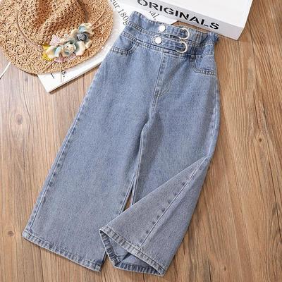 Girls' Wide-Leg Jeans Versatile Style Fashionable Big Kids Leisure Pants Spring and Autumn Girl Loose Double Waist Trousers