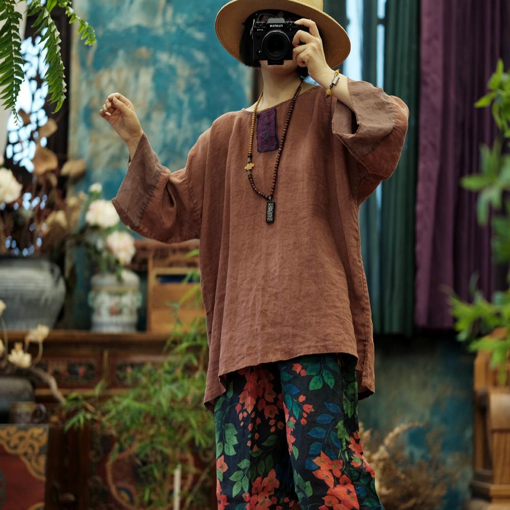 

Red Coffee Artistic Snowflake Cotton Linen Loose Top One Size кавовий/червоний