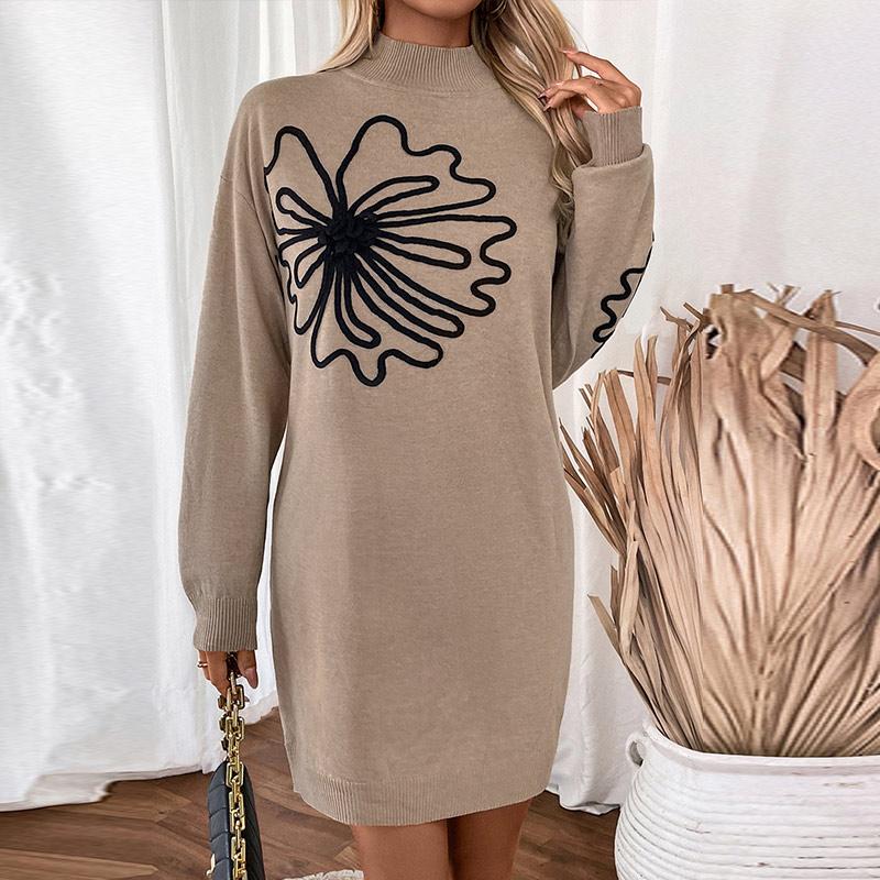 Women's Autumn Solid Color Flower Printed Knitted Sweater Dress Casual Temperament Half Turtleneck Knit Skirt