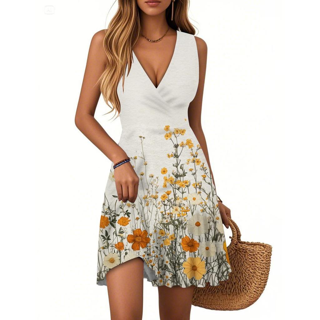 Women's Summer Dress V Neck Sleeveless Casual Floral Print Hem Pleated Dress