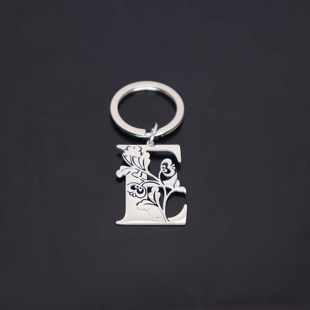 Stainless Steel Alphabet Flower Cutout Keychain Pendant