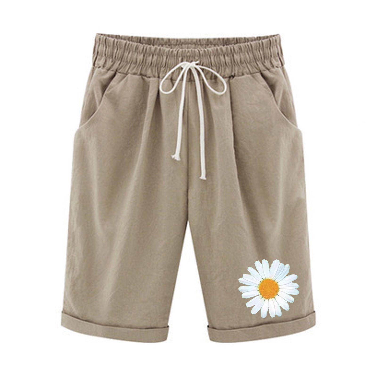 Women s High-Waisted Daisy Print Cotton Linen Summer Shorts Medium