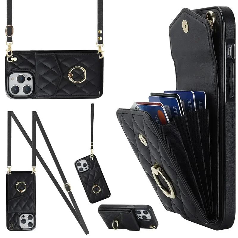Crossbody Lanyard Leather Wallet Card Phone Case for iPhone 17 Air 16E 16 15 Pro Max 14 Plus 13 12 11 X XS XR Ring Flip Cover