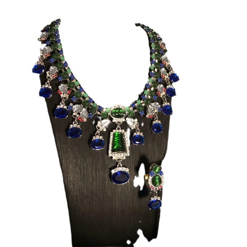 Medieval Heavy Industry Blue Rhinestone Necklace Earring Set for Women's High End Orders, Exaggerated High End Charm Necklace Earrings