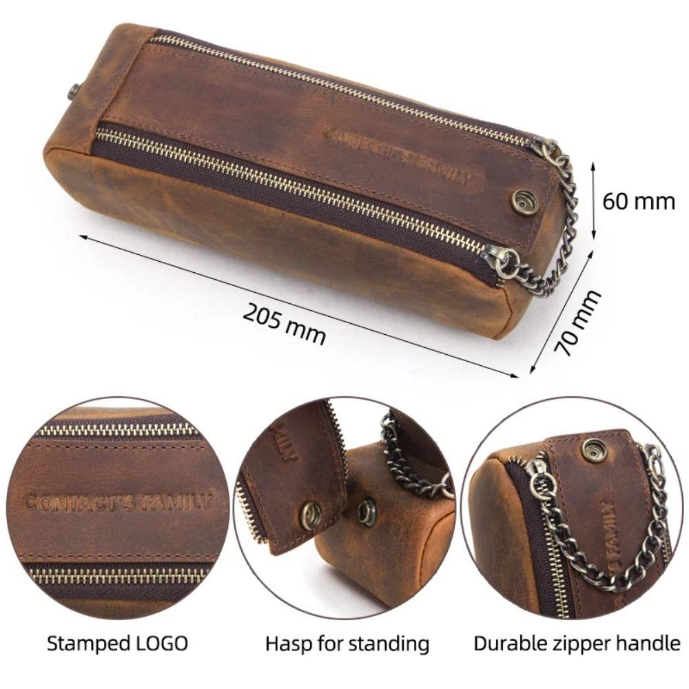 Leather Pen Pouch Holder Large Capacity Desktop Organizer Retro Zipper Pen Pencil Case  Stationary