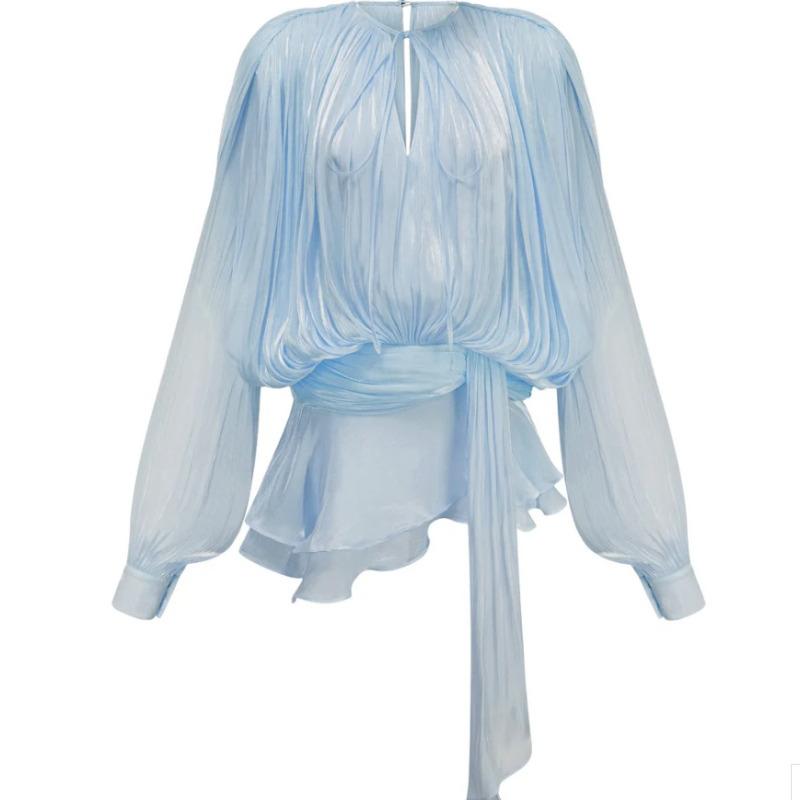 Women's Elegant Two-Piece Summer Outfit: Ruched O-Neck Mini Dress with Long Lantern Sleeves + Solid Color Chic Shorts