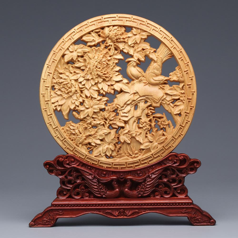 Wood Carving Dragon and Phoenix Round Carving Art Statue Mascot High Quality Home Room, Office Decoration Accessories