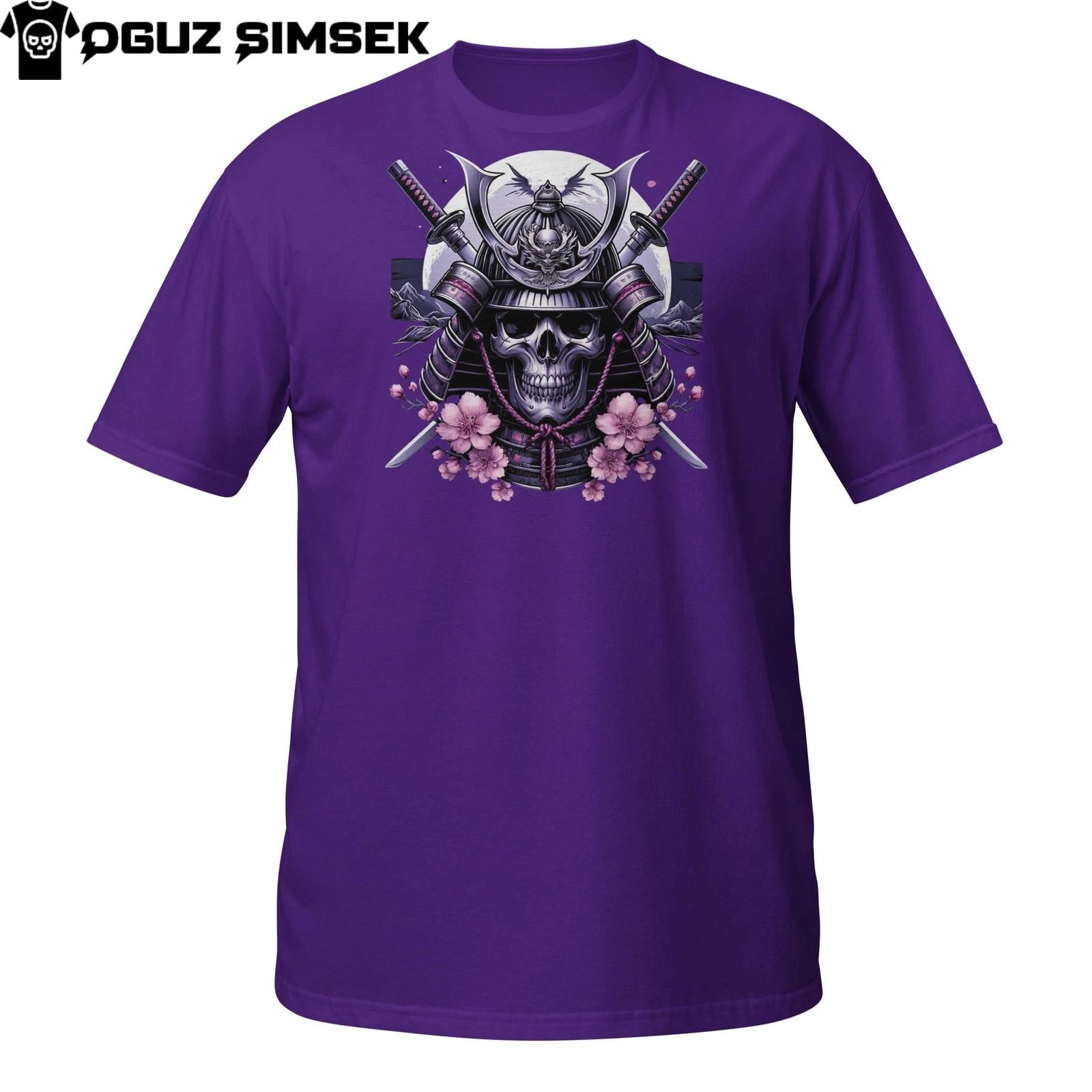 Purple Samurai Skull T-Shirt Mens Womens Tees Top – Gothic Katana Warrior with Sakura Flowers Tee 4XL