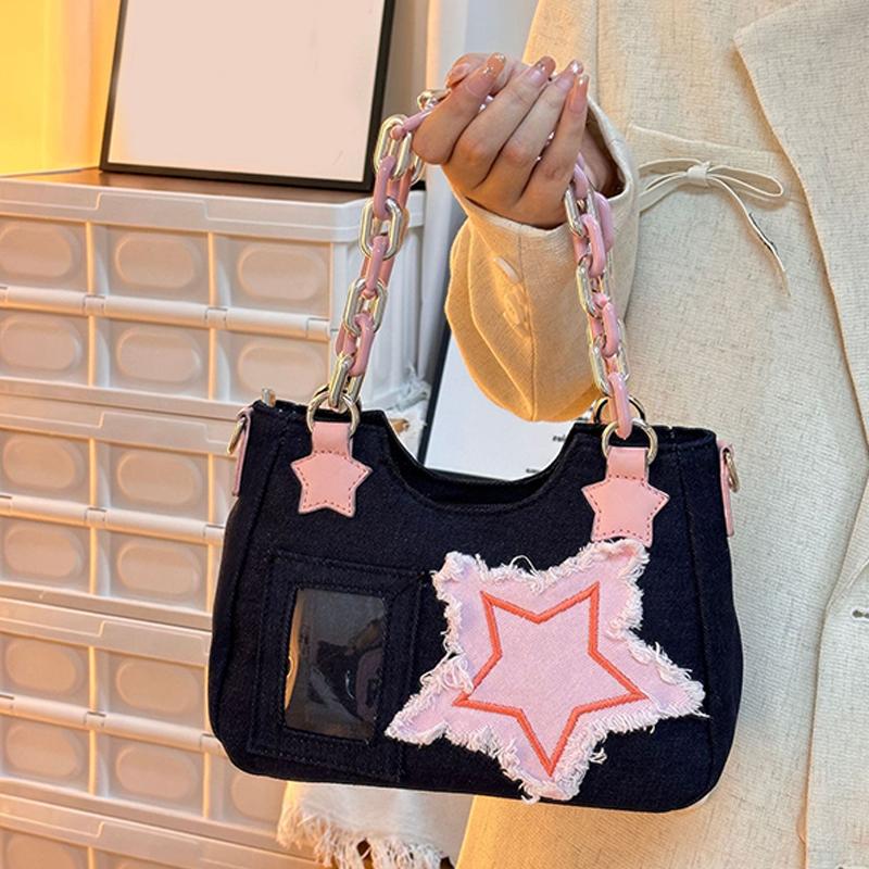 Y2K Vintage Korean Fashion Shoulder Bag Underarm Harajuku Star Tote Denim Bag Chain Ladies Bags Zip Purses Handbags Women