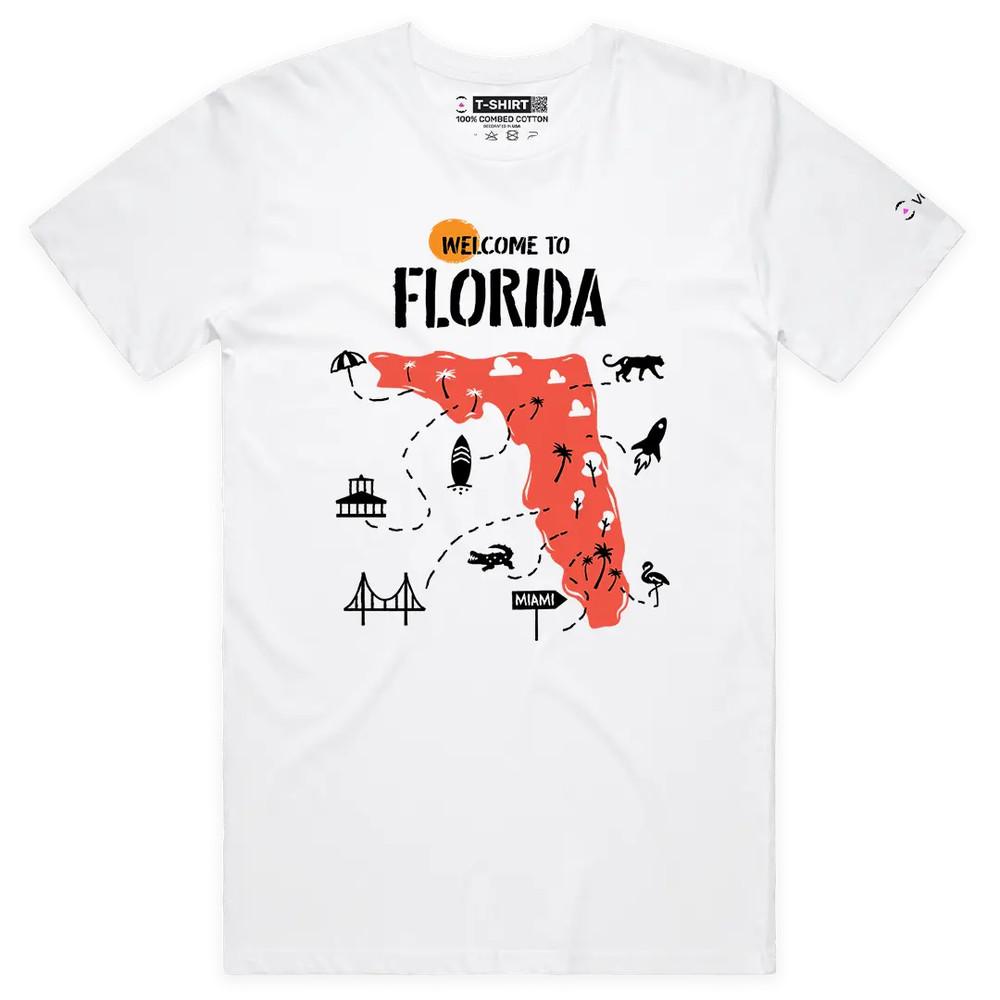 VOICEART Welcome to Florida Geography Map Graphic T-Shirt with Premium Design M