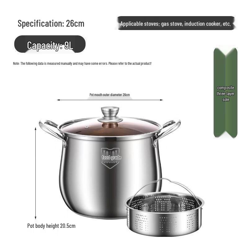 26CM Stainless Steel Thickened Soup Pot with Steamer