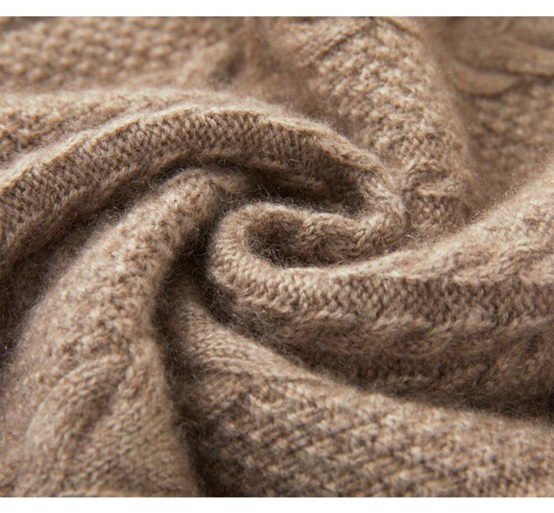 Women's Retro Cable Knit Cashmere Sweater, Round Neck with Rolled Hem, Thick Loose Fit, Cozy Inner/Base Layer.