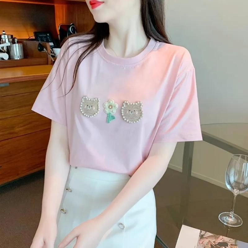 Bear White Cotton Short-sleeved T-shirt for Women Summer New Pearl Design Niche Unique Top