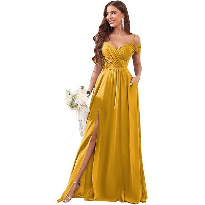1011 new evening dress European and American bridesmaid dress suspender long dress solid color banquet evening dress