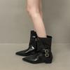 Pointed thick heel fashion small short boots spring and autumn new women's boots belt buckle sleeve knight boots medium tube pants tube boots