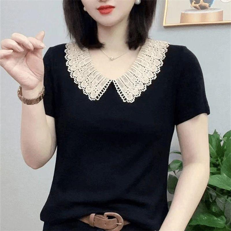 

Arrival Western Style Youthful-Looking Lace Peter Pan Collar Short Sleeve T-Shirt Female Slim Looking Loose plus Size Women s Clothing Mother s Shirt Black [High-Quality Fabric] 3XL