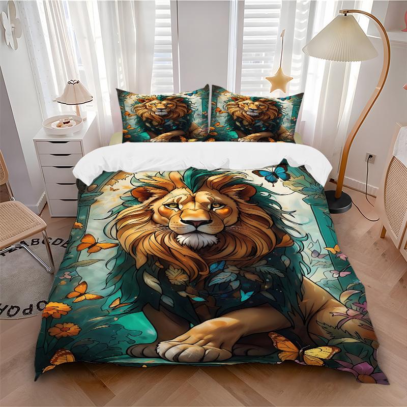 3-teiliges Löwe, Schmetterling Bettwäsche-Set, Bezug für Schlafzimmer Gästezimmer (1 Bettbezug + 2 Kissenbezüge, ohne Steppdecke), yy250922099