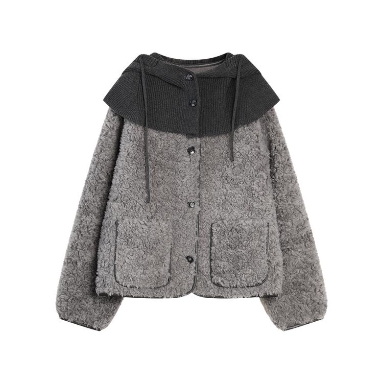 ELLE French Knit Hooded Shawl Fashion Single-Breasted Design Casual Loose Versatile Long Sleeve Plush Coat Women Outerwear EF53027