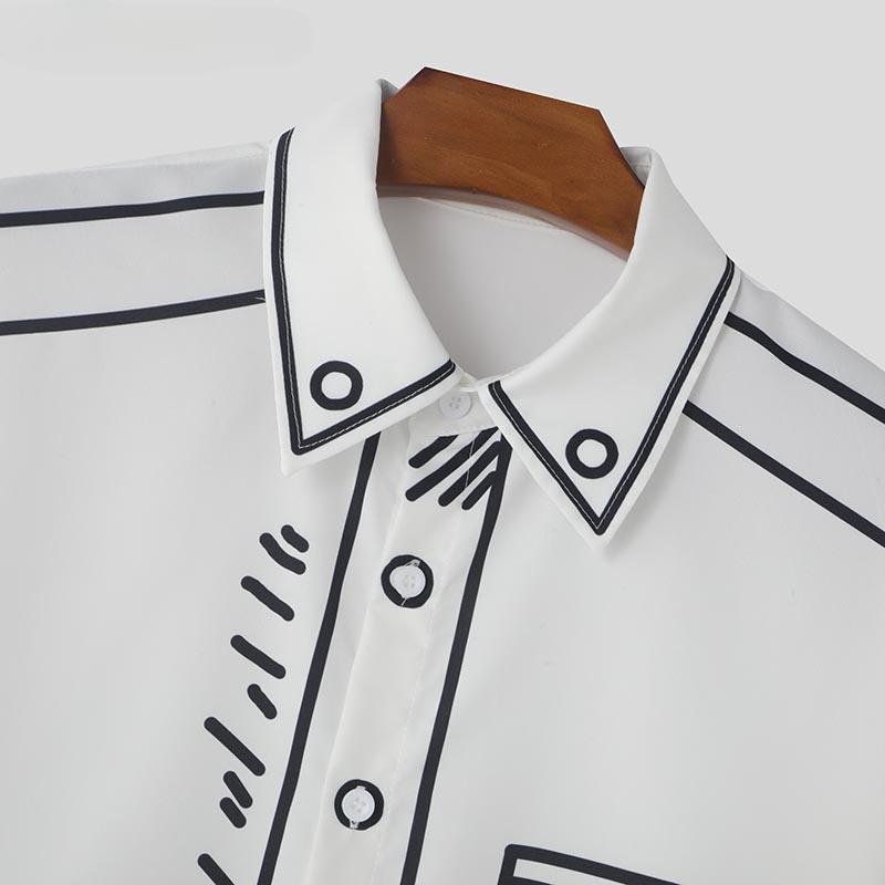 Nadměrná jarní pánská košile s dlouhým rukávem, klopou, kresleným potiskem, ležérní topy